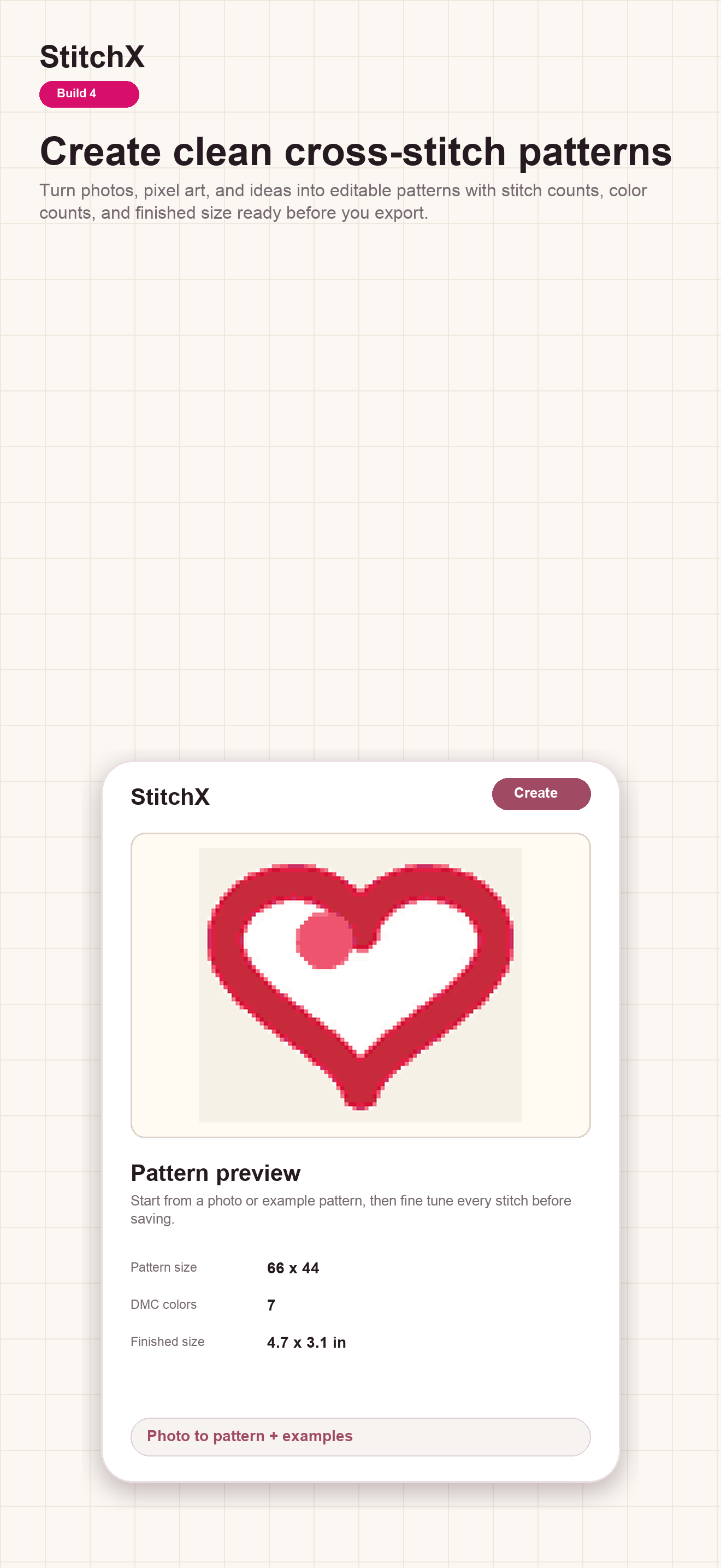 StitchX pattern creation preview with stitch count, DMC colors, and finished size