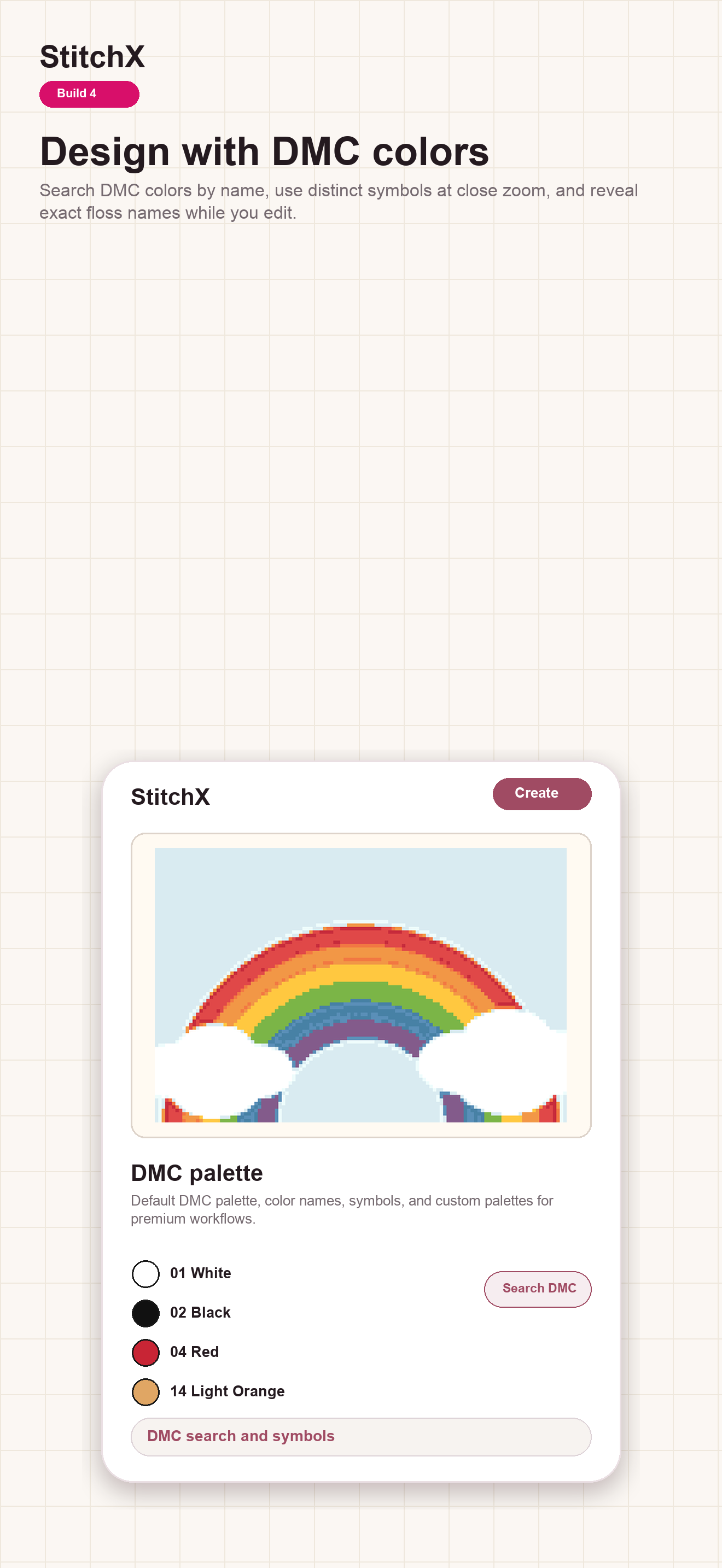StitchX DMC palette with searchable floss colors and distinct symbols