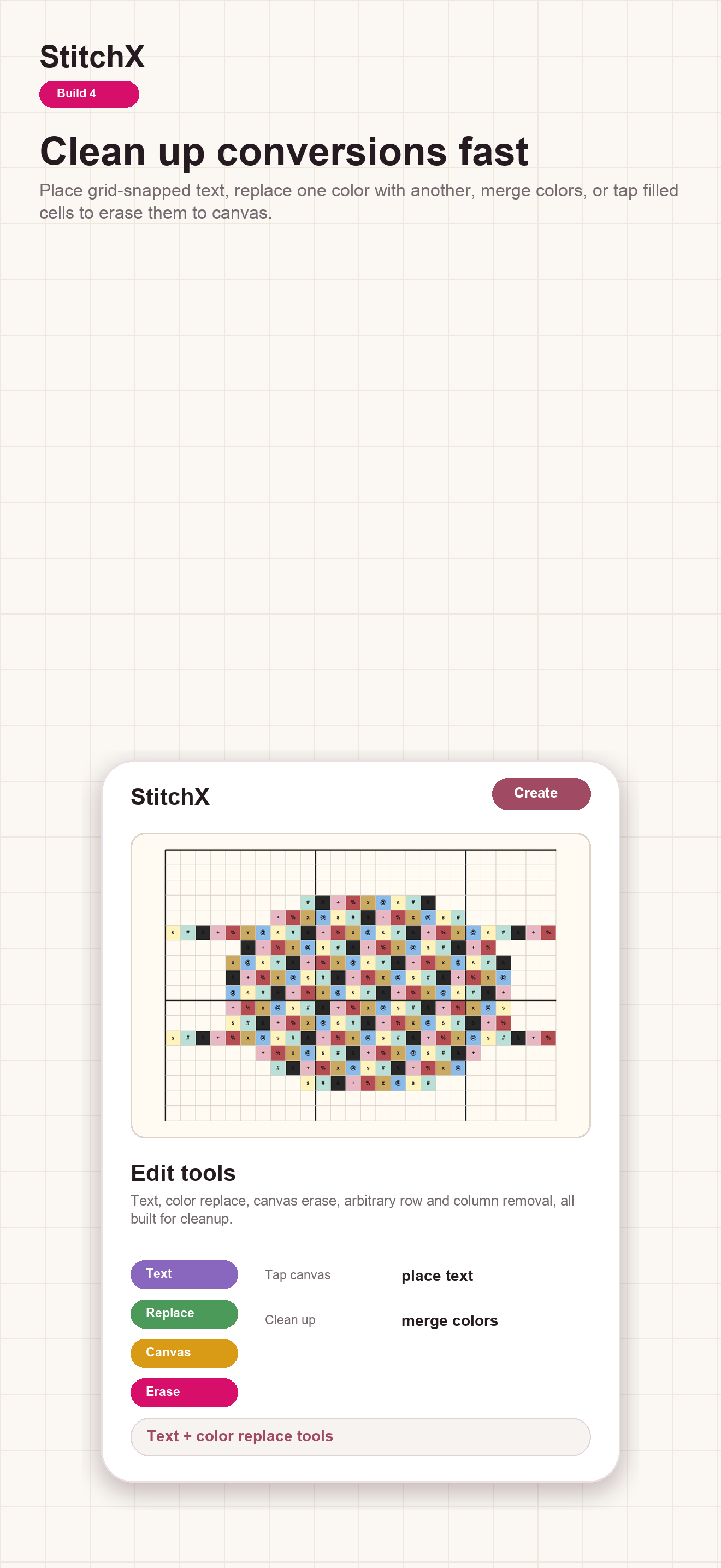 StitchX editing tools for grid-snapped text, color replacement, and canvas erase