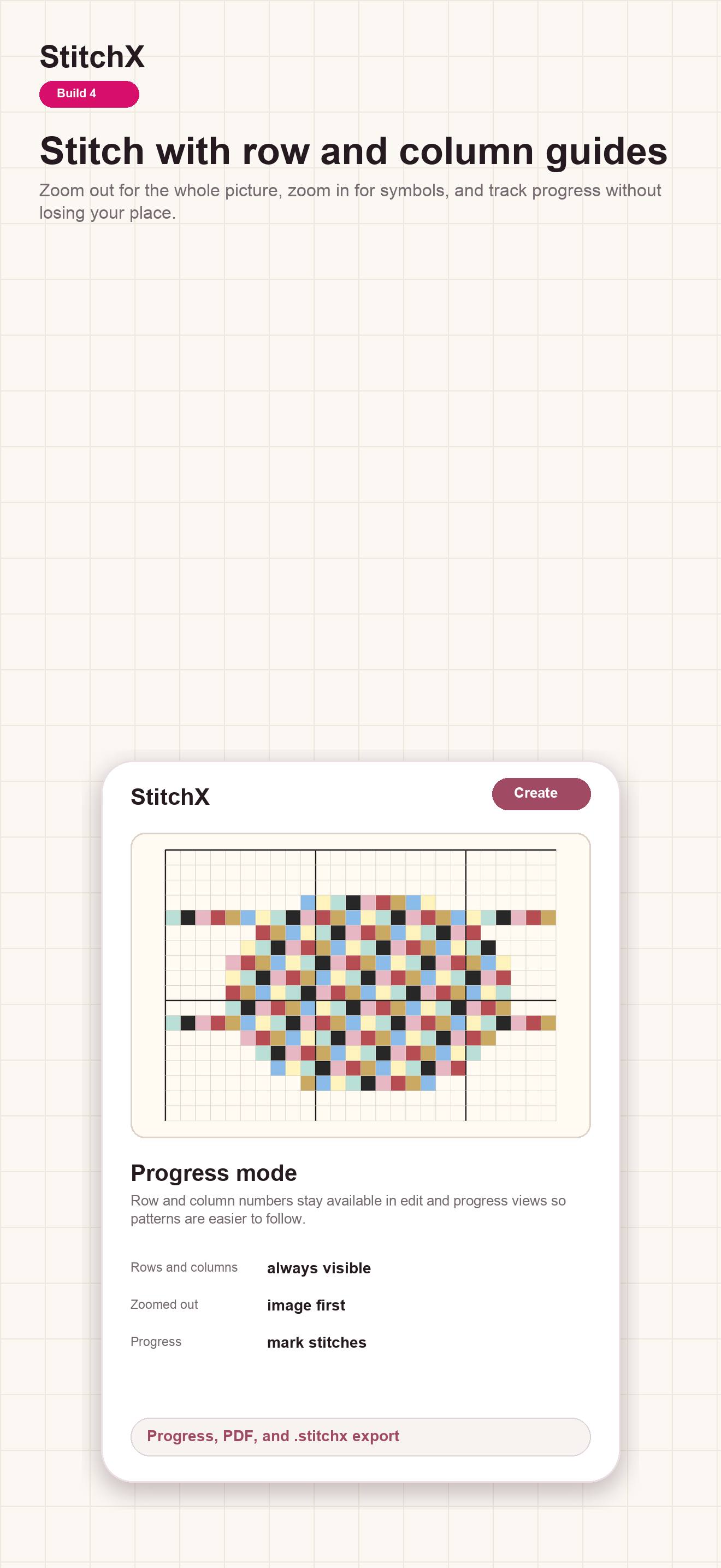 StitchX progress mode with row and column guides and pattern export